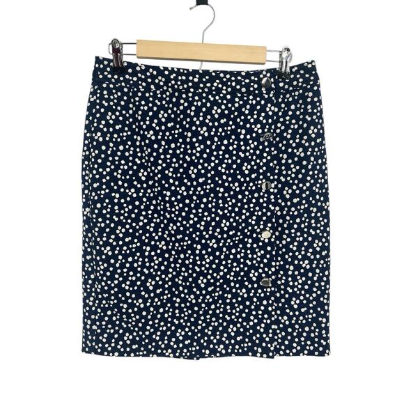 Talbots Navy Blue Dot Print Silver Button Pencil Skirt 8P Polka Dot - Picture 1 of 5